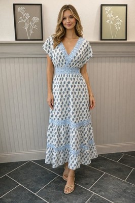 NWT Rachel Zoe Linen Blend Floral Maxi Dress Smocked Waist Blue White M