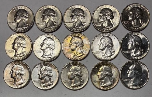 Lot of 15 Washington 90% Silver Quarters 1955D & 1958 All Brilliant Uncirculated
