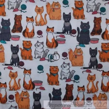 BonEful Fabric FQ Flannel Quilt VTG Kitty Cat Pet Food Bowl Yarn Ball Dot Mouse