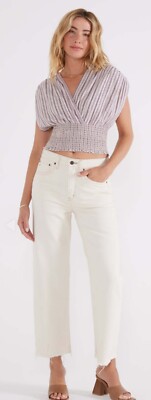 Etica Altin Loose Fit Crop Natural High Rise Wide Leg Raw Hem Jeans 31 NWT
