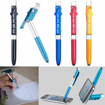 PEARL 4in1-Kugelschreiber mit LED-Lampe, Touchpen und Handy-Ständer, 5er-Set