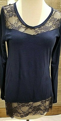 Vocal Long Sleeve Top Womens Large Navy Blue Lace Contrast Solid Pullover New