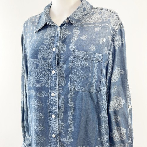 Lane Bryant Top Women's Blue Paisley Chambray Shirt Plus Size 18 Soft Lyocell - Picture 3 of 11