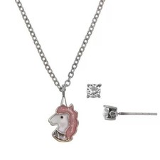 Kids Dainty Unicorn Pendant Necklace Earring Set FAO Schwarz Silver Tone