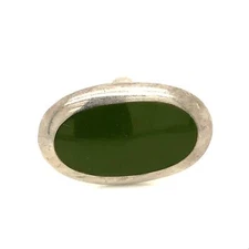 Vintage Sterling Signed 925 FAS Thailand Inlaid oval Green Jade Stone Ring 6 3/4