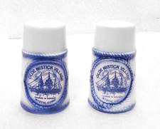 OLDE MISTICK VILLAGE Salt & Pepper Shakers Mystic CT Blue White Morgan Ship Vtg