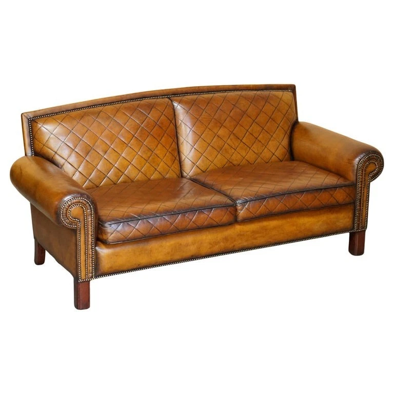 FULLY RESTORED ART DECO STYLE HAND DYED BROWN LEATHER MUSTANG CAR SEAT SOFA