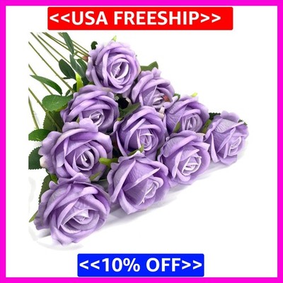 10PCS Artificial Roses Flower with Stems Slik Fake Flowers Light Purple