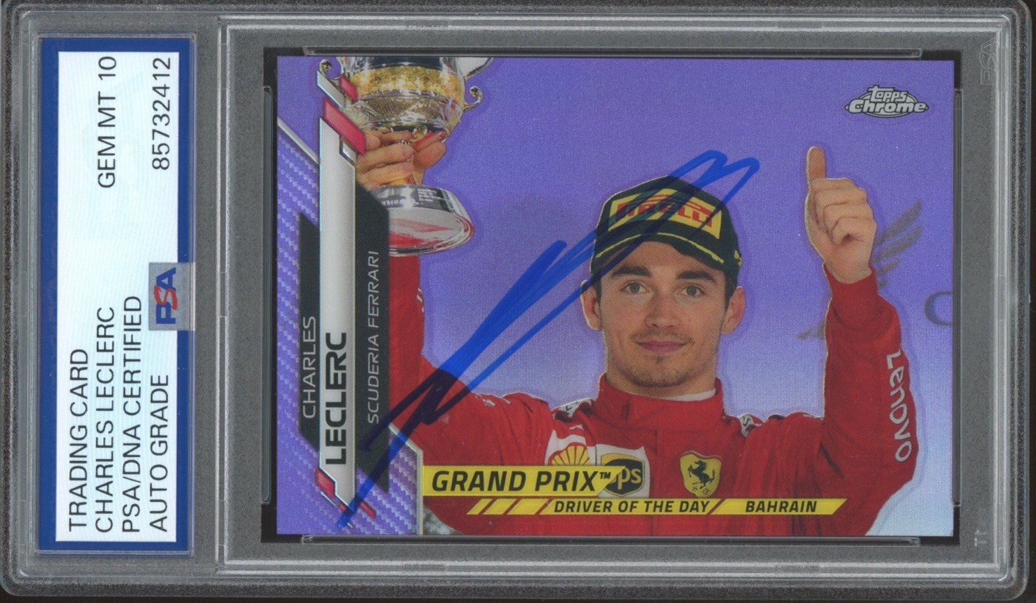 2020 Topps Chrome F1 #155 Charles Leclerc Signed Purple Rookie /399 PSA 10 AUTO view 1