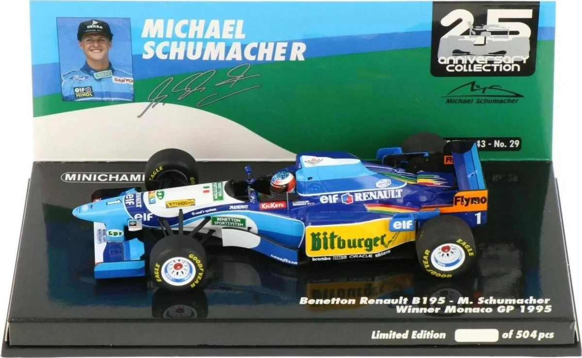Miniature F1 Minichamps 1/43 – Benetton B195 De Michael Schumacher (bleu), édition Rare