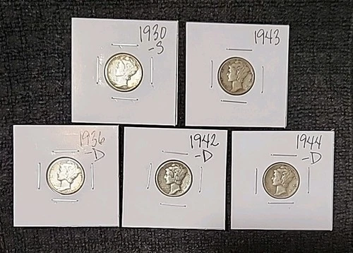 Mercury Dimes In Good Condition 90% Silver Lot of 5 Coins