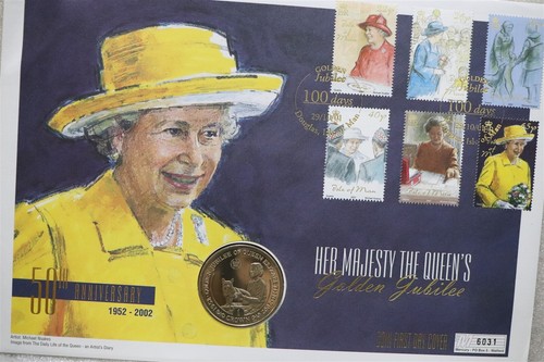 🧭 🇮🇲 ISLE OF MAN 1 CROWN 2002 GOLDEN JUBILEE LARGE COIN COVER B85 #2