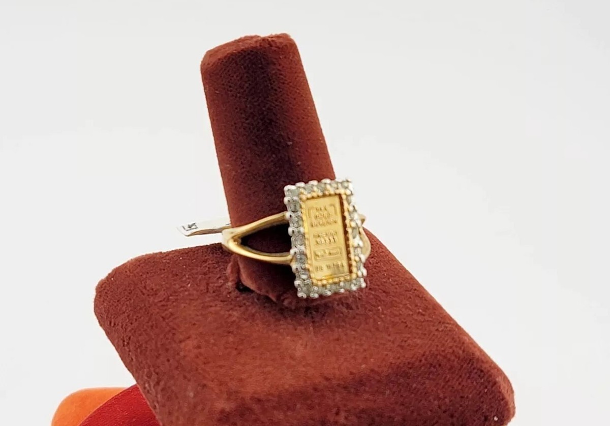 Vtg Sz 9 Ring Faux Goldbar Rhinestone Frame 18KGE Split Shank