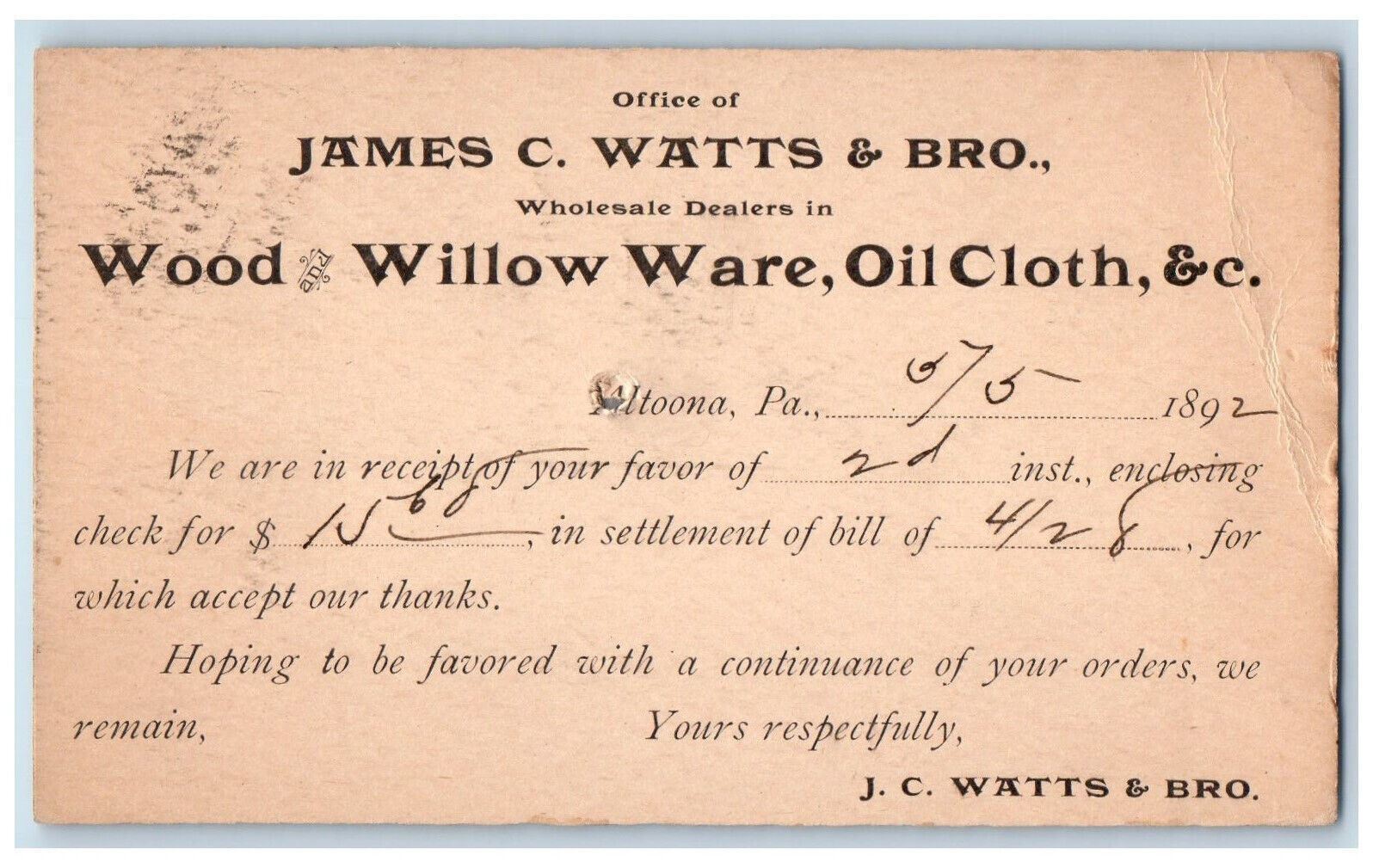 1892 Office of James C Watts & Bro Altoona PA Fleming PA Postal Card
