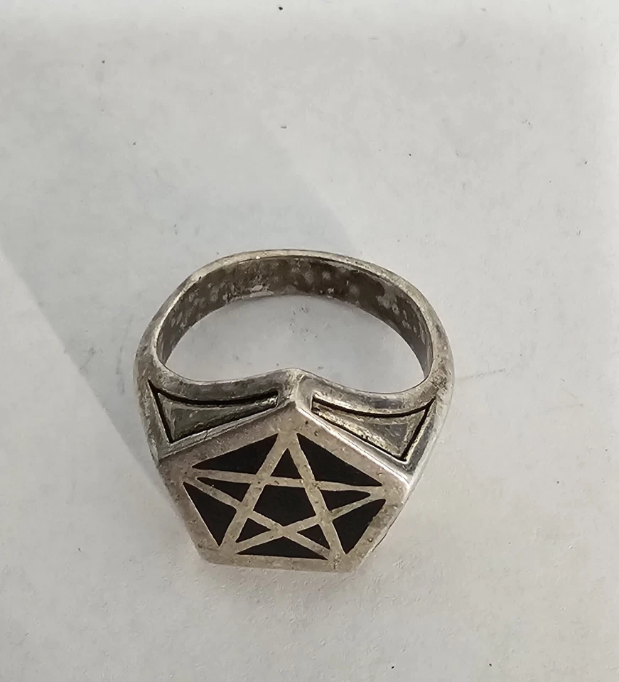 Anillo vintage de hombre talla 8 de plata esterlina 925 pentagrama bruja motociclista firmado G&S Foto 3 de 4