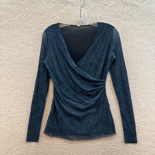 Y2K Vintage Netz Top mittelblau Paisley Rüschen Wickel Boho Corpcore Büro