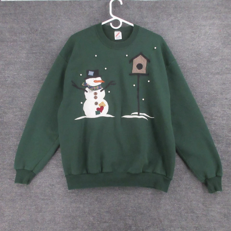 Jerzees Sweatshirt Womens XL Vintage Green Snow Man Embroidered Beaded Pearls - Imagem 2 de 4