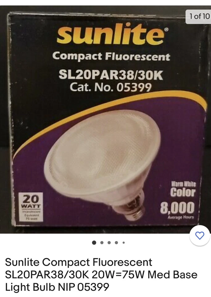 Sunlite Compact Fluorescent SL20PAR38/30K 20W=75W Med Base Light Bulb NIP 05399 - Image 2 of 2