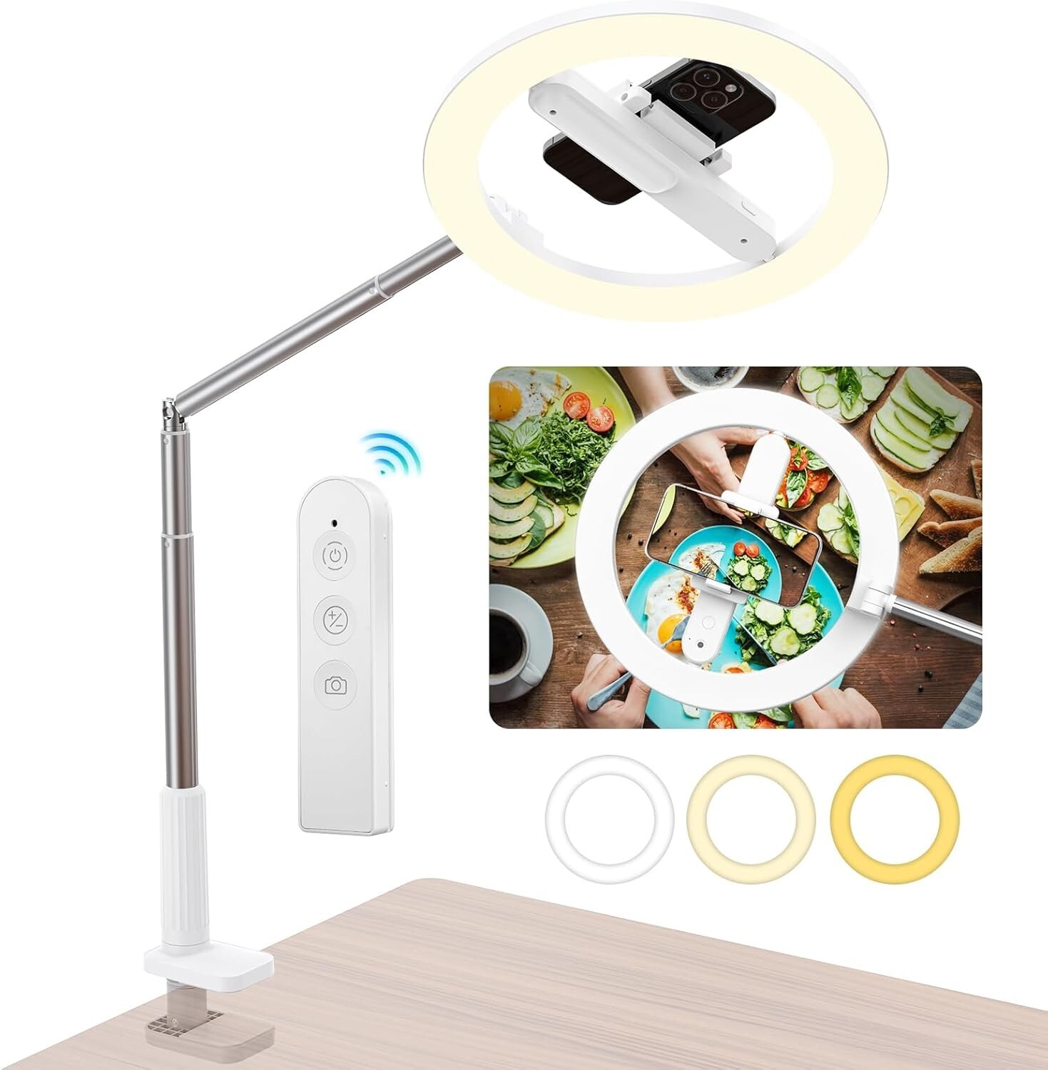 Selfie Ring Light with Stand,Overhead Phone Mount,Adjustable LED Remote Control-image