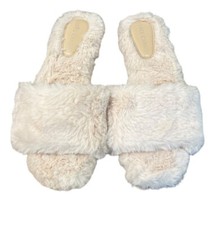 Vince Camuto Ladies Size 7 Ivory Soft Fluffy Fur Slippers Tread Open Toe Brazil