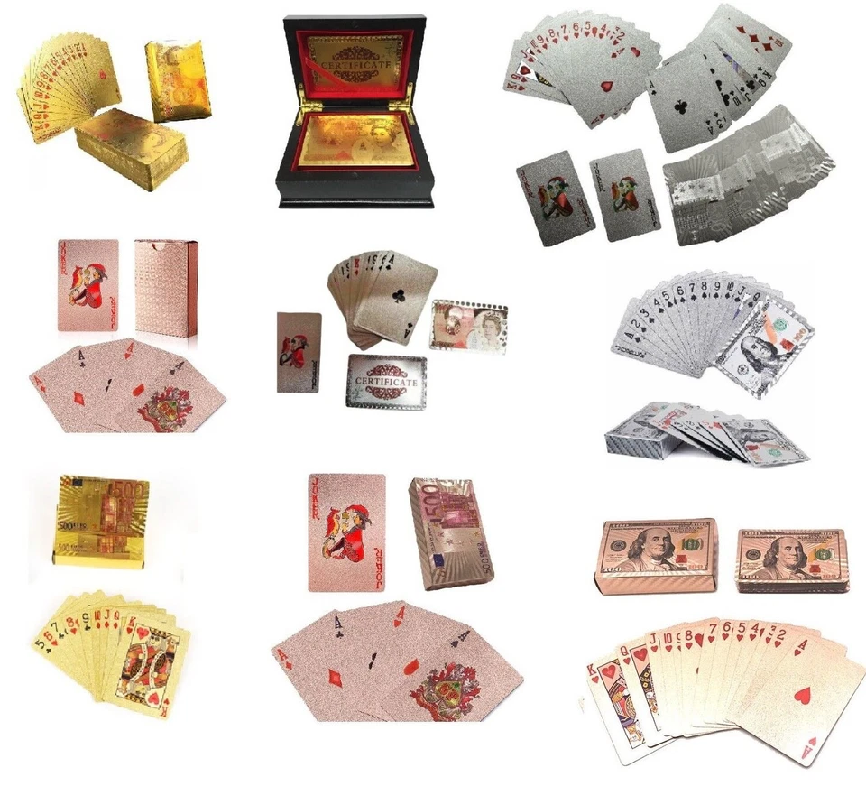 Gold Plated Playing Cards Deck Poker Game Plastic Pack In Pound/Dollar/Euro