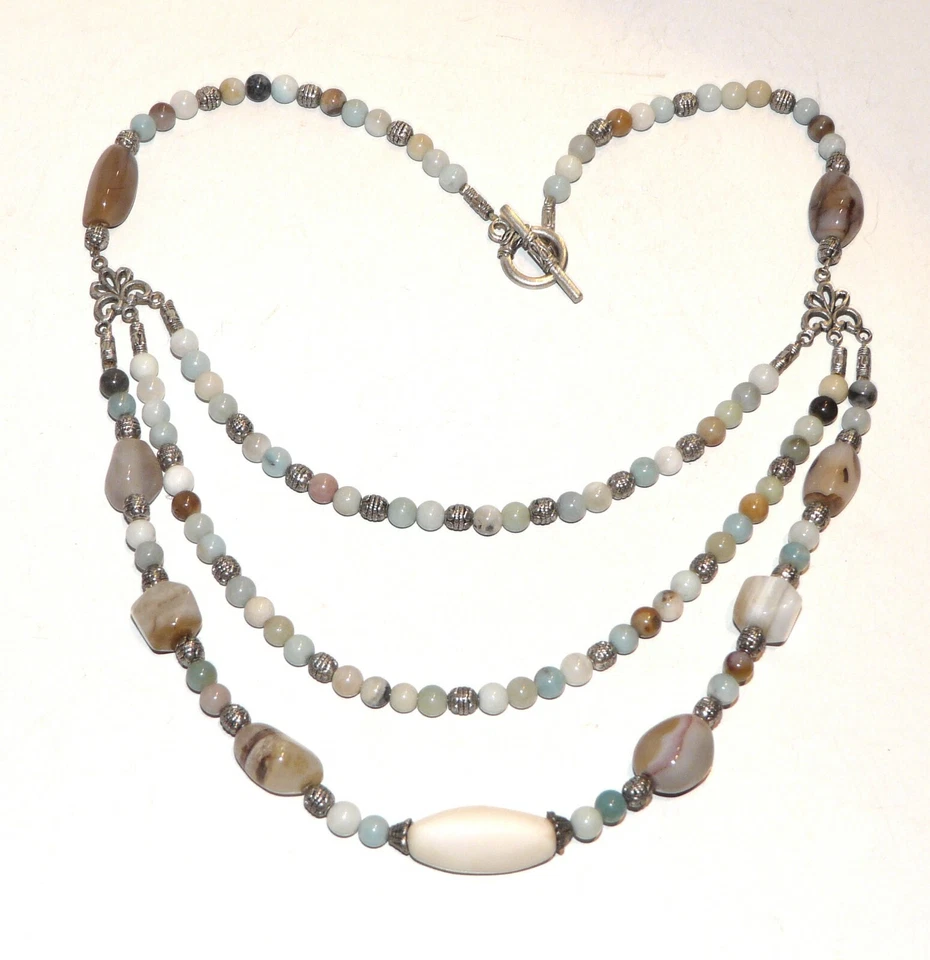 Collier plastron 3 rangs en pierre véritable amazonite et agate UNIQUE - Photo 4/4