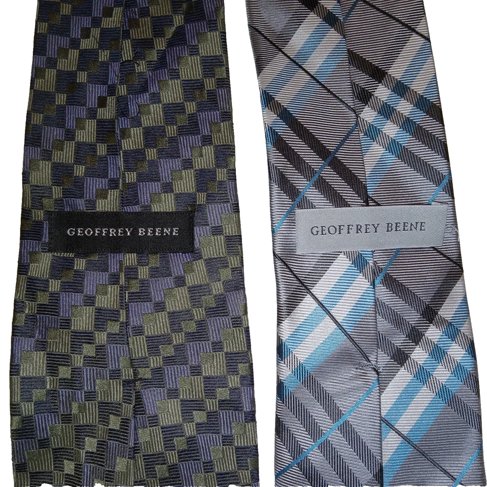 GEOFFREY BEENE Designer Mens Silk Neck Tie Blue Plaid, Geometric Squares Tie Lot - Image 2 of 2