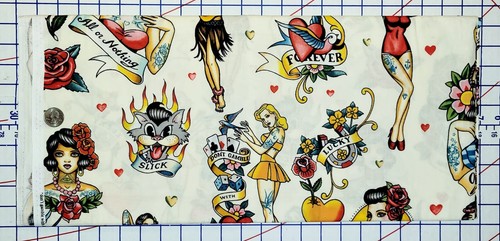 Don't Gamble With Love Tattoo Pin Up Alexander Henry Cotton Fabric 1 3/4 YD - Picture 6 of 7