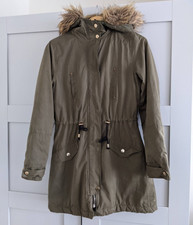 Matalan Papaya Weekend Khaki Green Parka Jacket Uk 8 Hooded Faux Shearling Lined