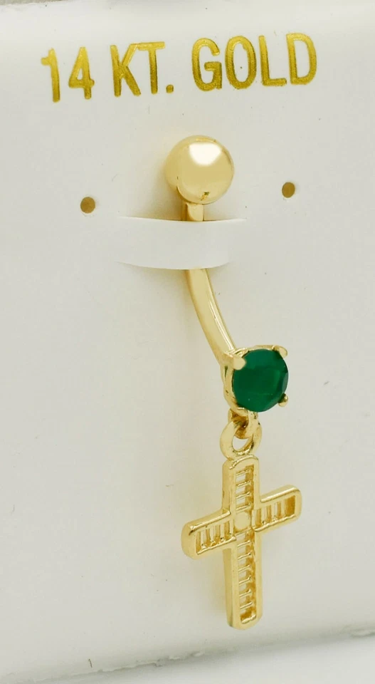 GENUINE GREEN ONYX CROSS BELLY NAVEL RING 14K Solid Gold * FREE SHIPPING * - Изображение 2 из 3