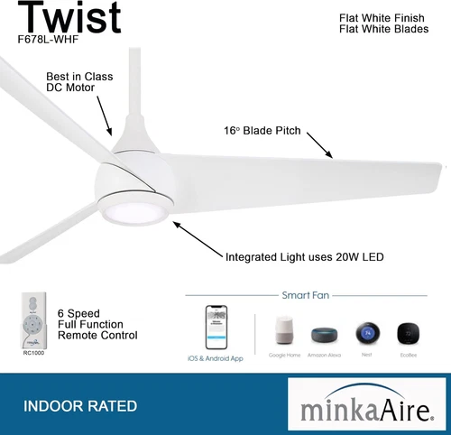 F678L-WHF 52" Twist Ceiling Fan in Flat White - Stylish & Modern Design - Picture 2 of 9