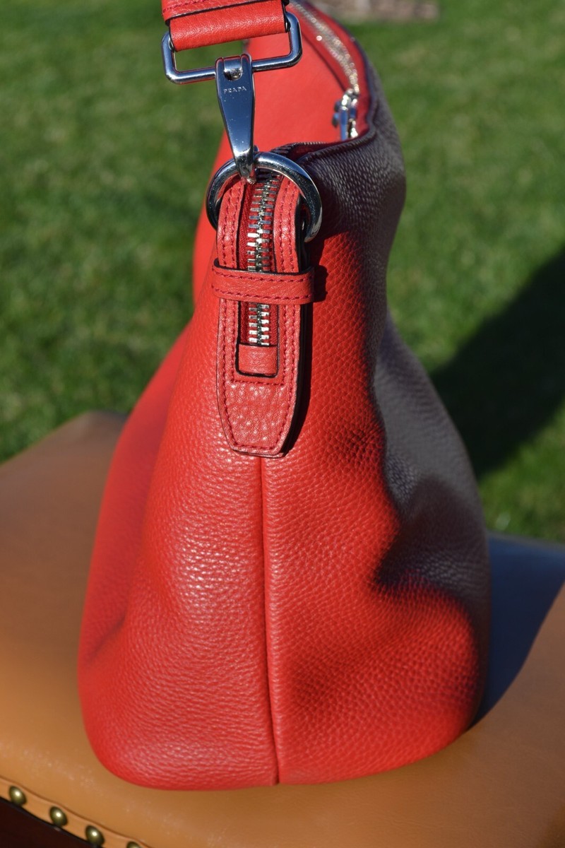 PRADA Rosso (Red) Vitello Daino Leather Zip Top Hobo Bag