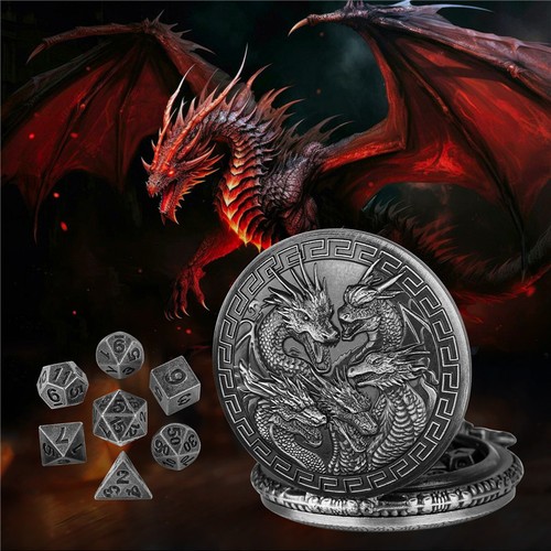 Set dadi DND in metallo D&D dadi poliedrici per Dungeons & Dragons Dragon custodia tascabile - Foto 12 di 12