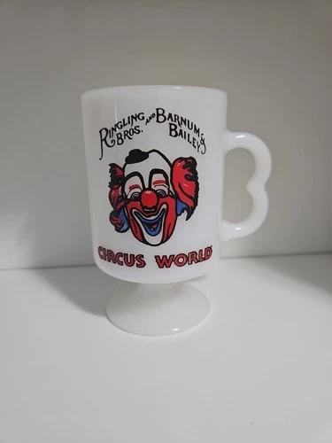 VTG Milk Glass Pedestal Mug Ringling Brothers Barnum Bailey Circus World Clown