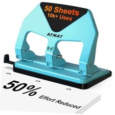 3 Hole Punch Heavy Duty, 50-Sheet Three Hole Punch, 50 Reduced Effort, Cyan