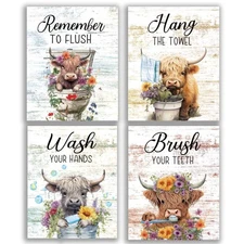 Highland Cow Wall Art Set of 4(8"x10") Unframed, Rustic Bathroom Decor Funny ...