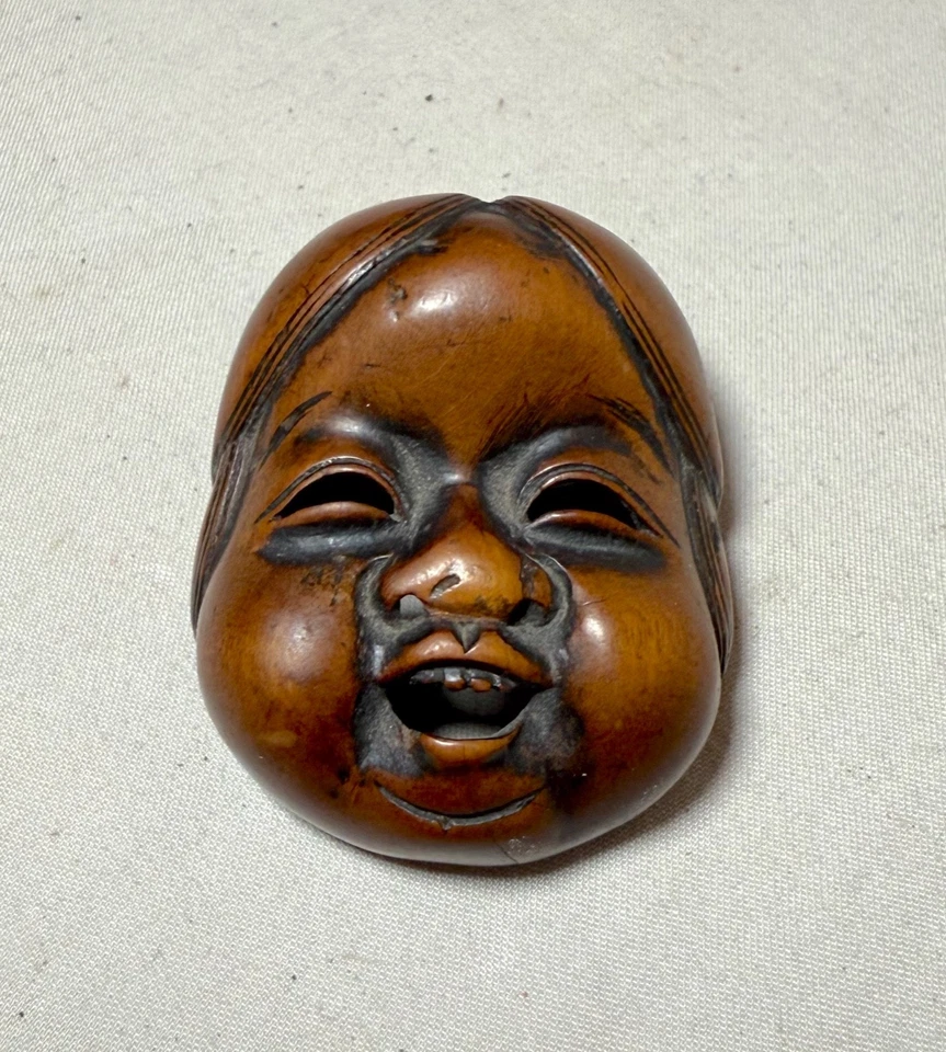 Antique Japanese Hand Carved Boxwood Netsuke Okame Noh Mask Mennetsuke Sculpture - Imagem 3 de 4