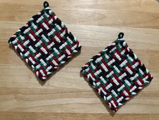 Handmade 2 Cotton Woven Potholders 5 Colors PIne White Green Red Burgundy