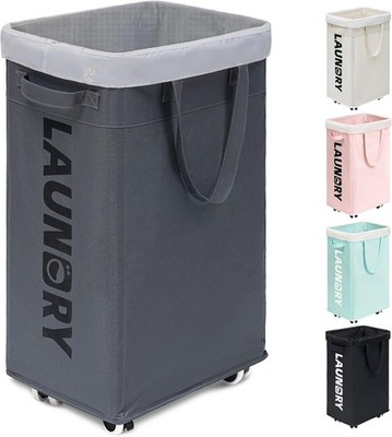Rolling Laundry Basket Wheels Removable Mesh Wash Bag Oxford Clothes Hamper