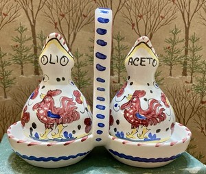 Deruta Italian Handmade Oil And Vinegar set with carrier