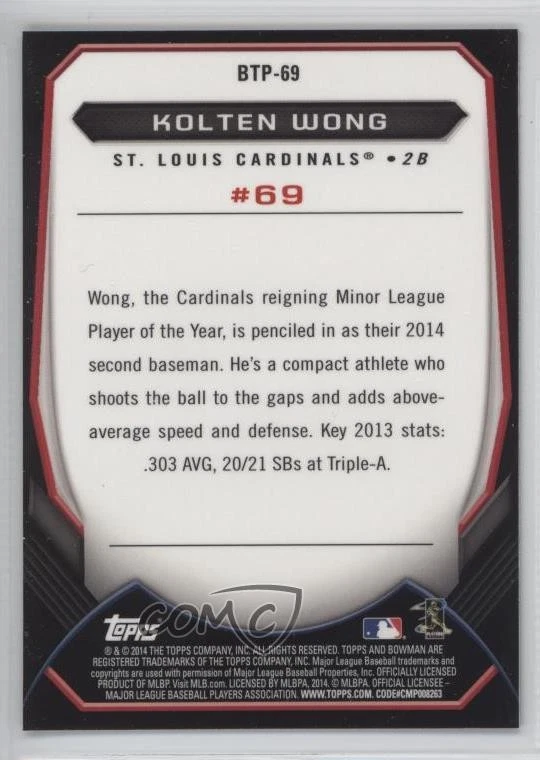 2014 Bowman Bowman's Top 100 Prospects Chrome Kolten Wong #BTP-69 Rookie RC - Image 2 of 2