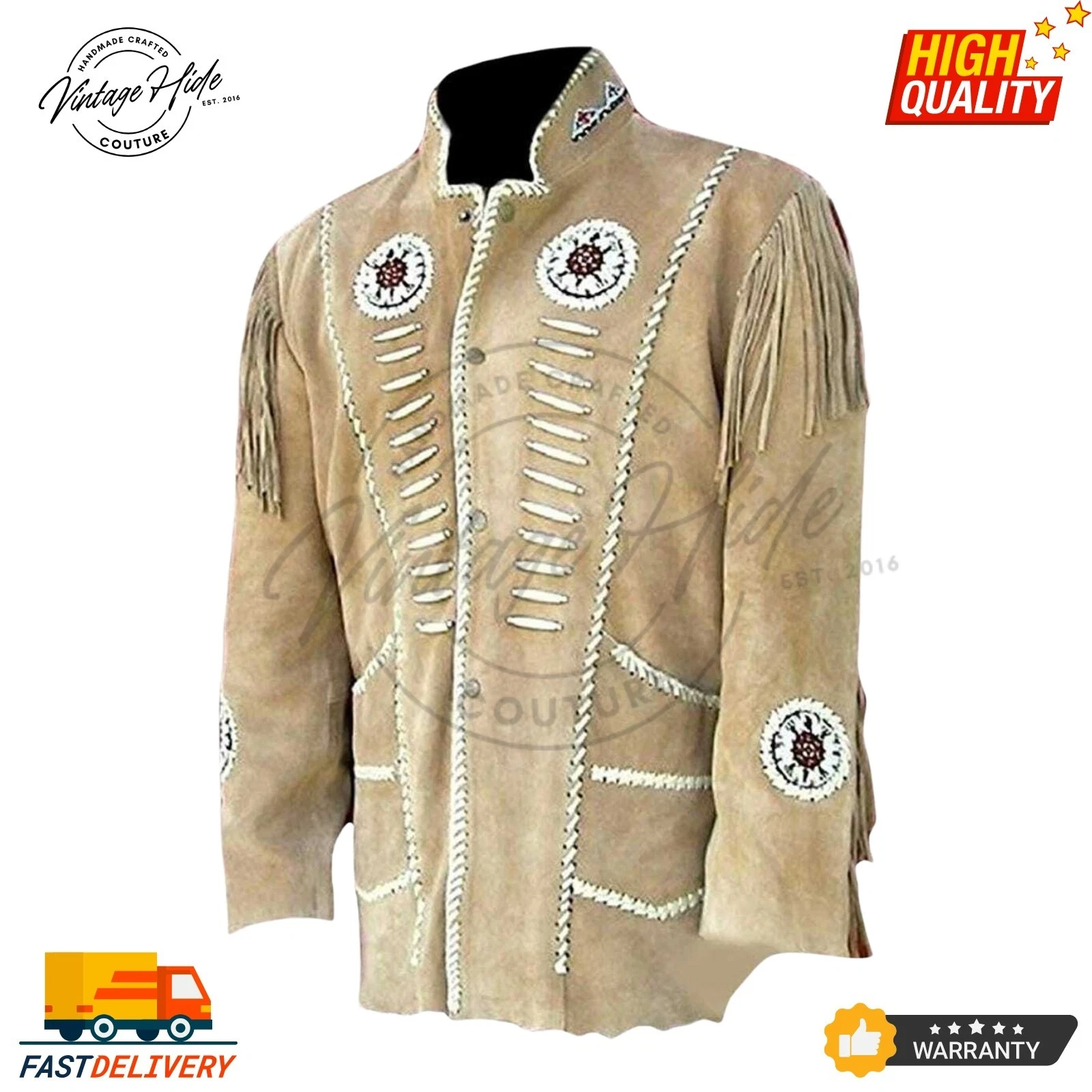 Men’s Western Cowboy Suede Fringe Jacket – Native American Leather Beaded Coat