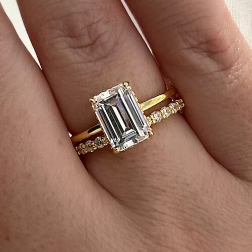14K Yellow Gold 2.30Ct Emerald IGI Certified Lab Grown Diamond Wedding Band Set - Picture 1 of 10