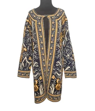 MAXSPORT Sweater Coat Med Navy Gold Floral Nordic Scandinavian Open Front Thick