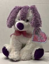 Kellytoy Plush White  Purple Dog W/Bow Sitting 11.5  Happy Valentines Day 2009