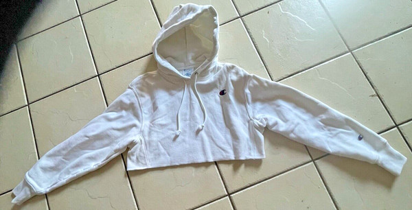 Champion Womens Reverse Weave Crop Hoodie Fleece Top White Long Sleeve Size XS