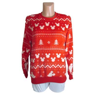 DISNEY M NWT Wintertime Mickey & Minnie Red Fleece Pullover Top Snowflakes Trees