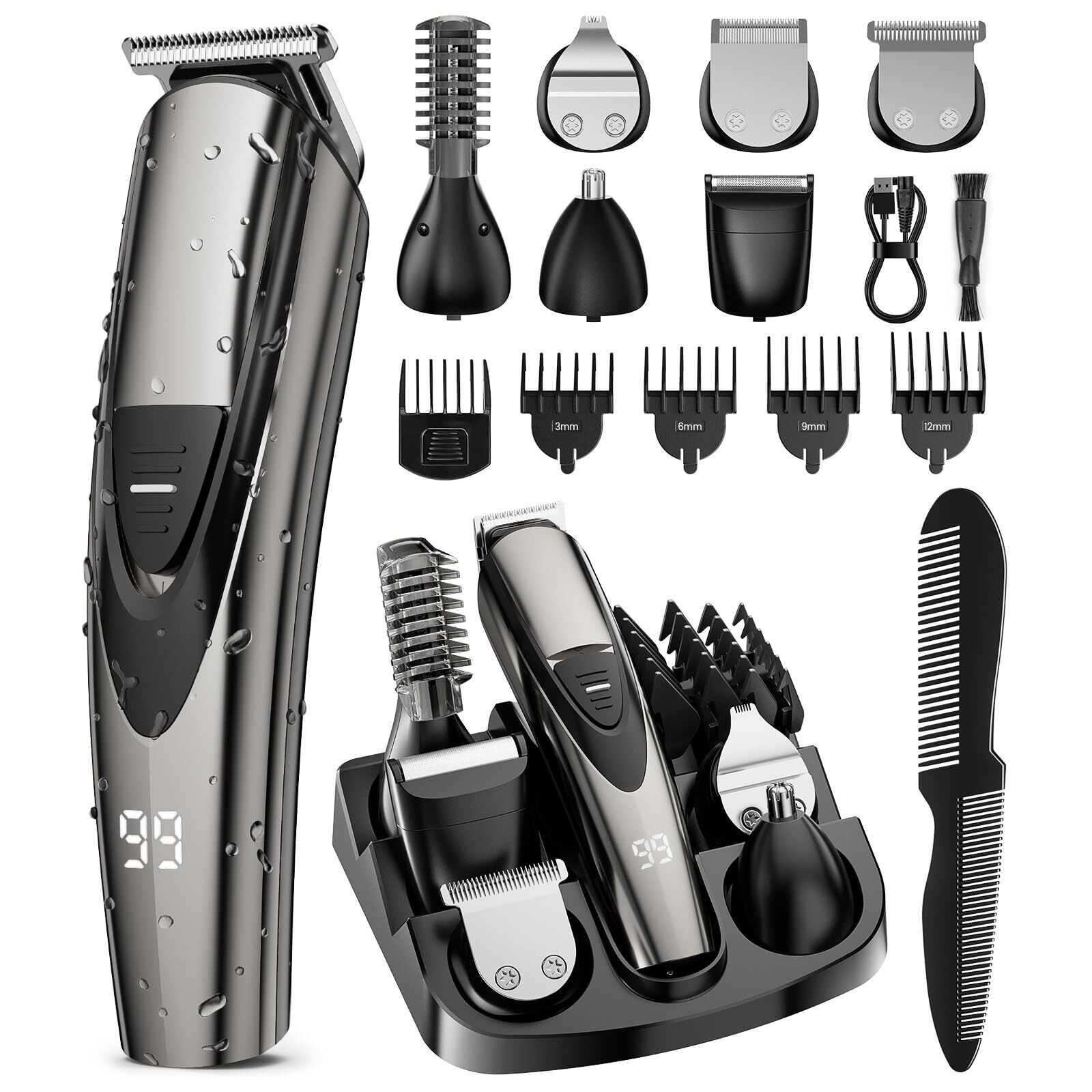 Beard Trimmer for Men, 17-Pc Set Rechargeable Hair Clippers Kit with Safety L...