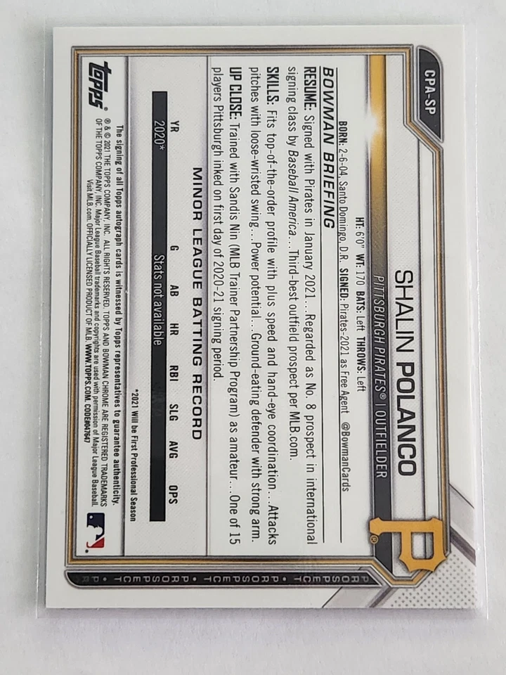 2021 1st Bowman Chrome Shalin Polanco Rookie Blue Refractor Auto /150 #CPA-SP - Image 2 of 3