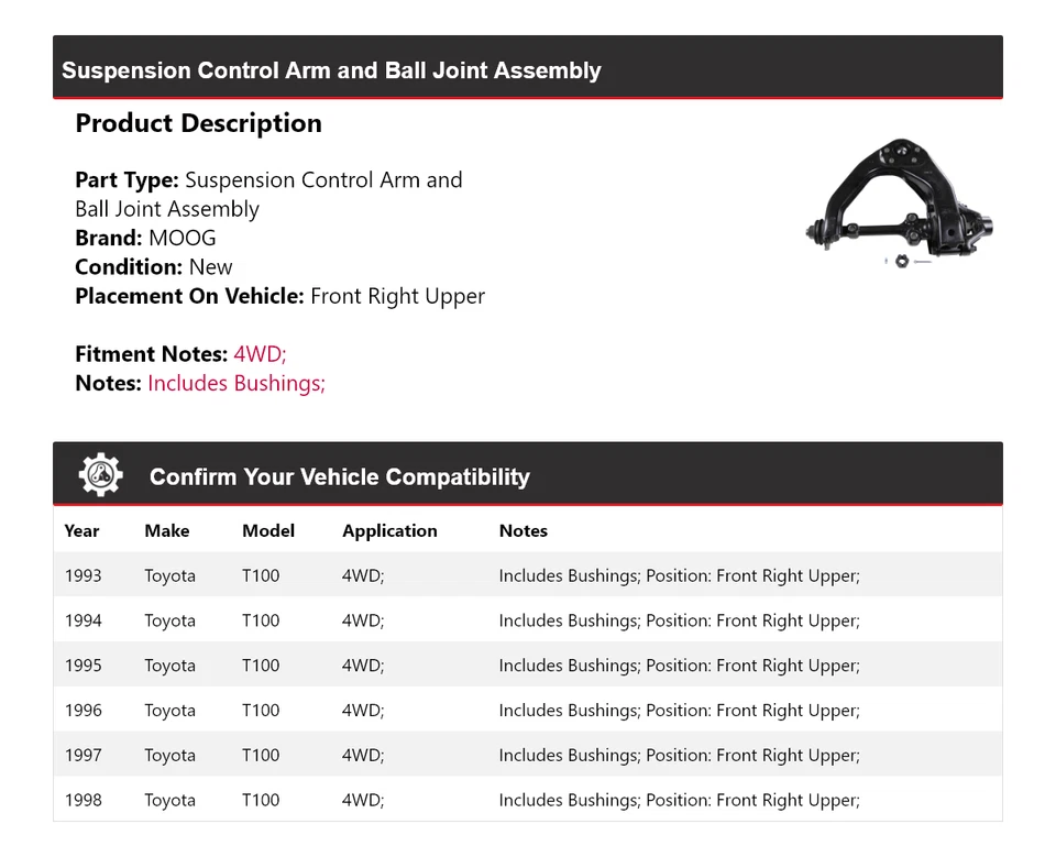 Para 1993-1998 Toyota T100 4WD braço de controle dianteiro direito superior MOOG 1993 1994 1995 - Imagem 2 de 4